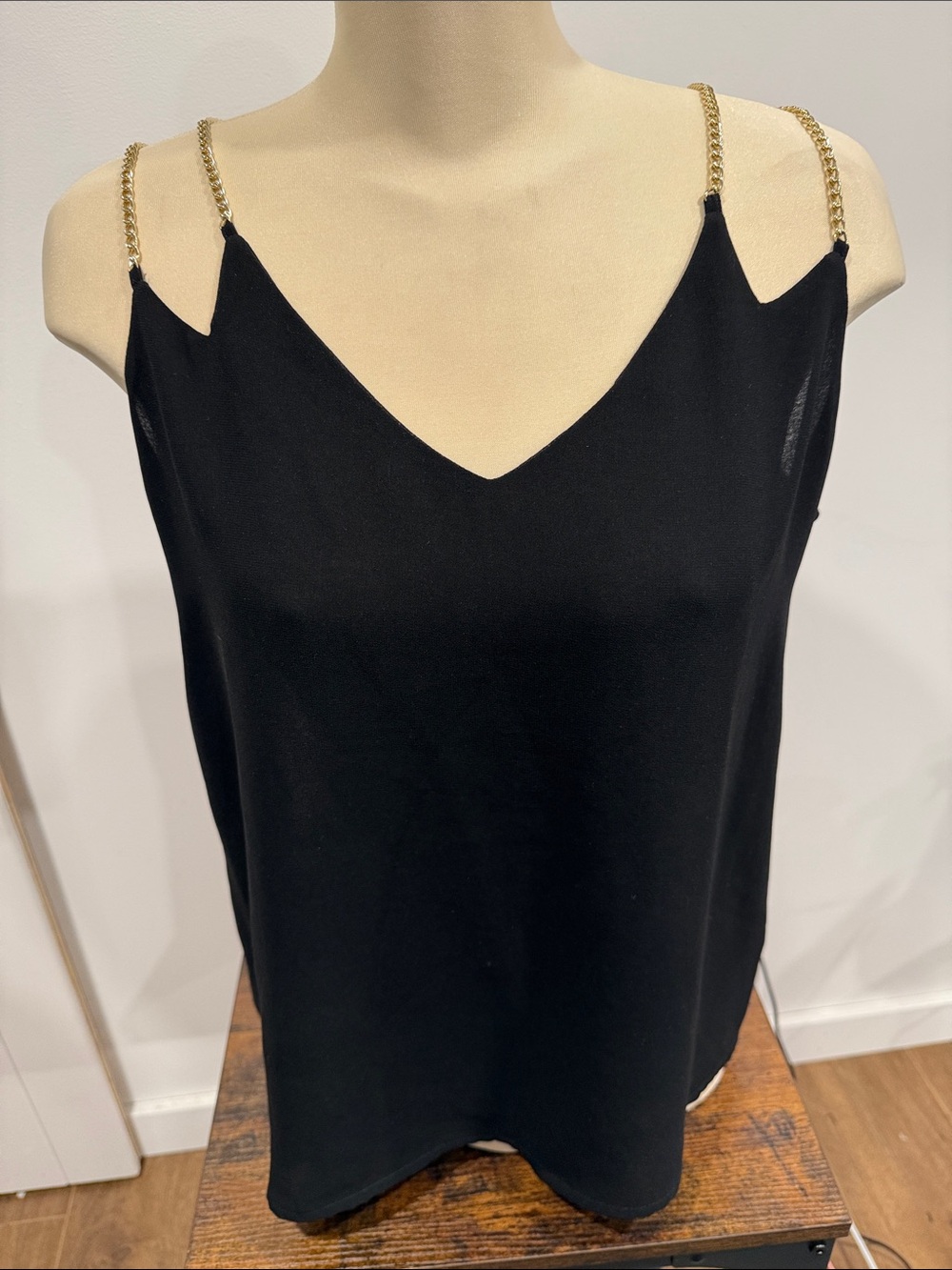 Suzy Shier Black V-Neck with Gold Chain Straps & sheer back